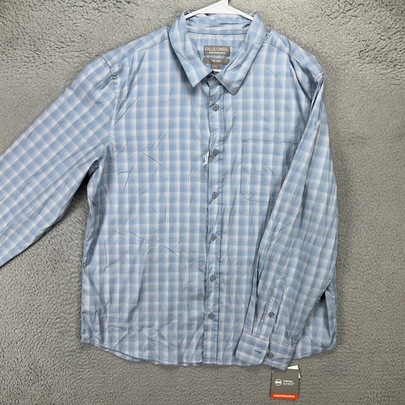 Falls Creek Mens No Tuck Button Up Shirt XL Blue Plaid Performance Pocket NEW